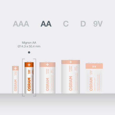 OSRAM POWER ULTRA Größenvergleich: AAA, AA, C, D, 9V – Mignon AA hervorgehoben, Ø14,3 x 50,4 mm